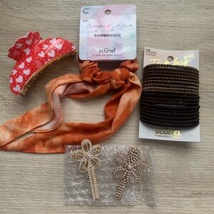 Hair Accessory Bundle- Heart Claw Clip, 2 Gold Flower Clips, Elastics & Scrunchy